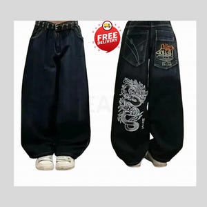 Broderade baggy jeans: Y2K retro hiphop-denim med vida ben 9