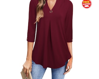 Womens Tops Floral Tunic Blouse V Neck Casual 3/4 Sleeve Loose Fit Summer Shirt