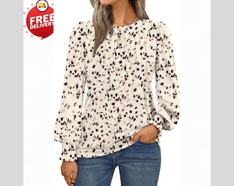 Långärmade skjortor Dam Plisserade Business Casual Blusar Med Smockade Manschetter Dragbar Topp