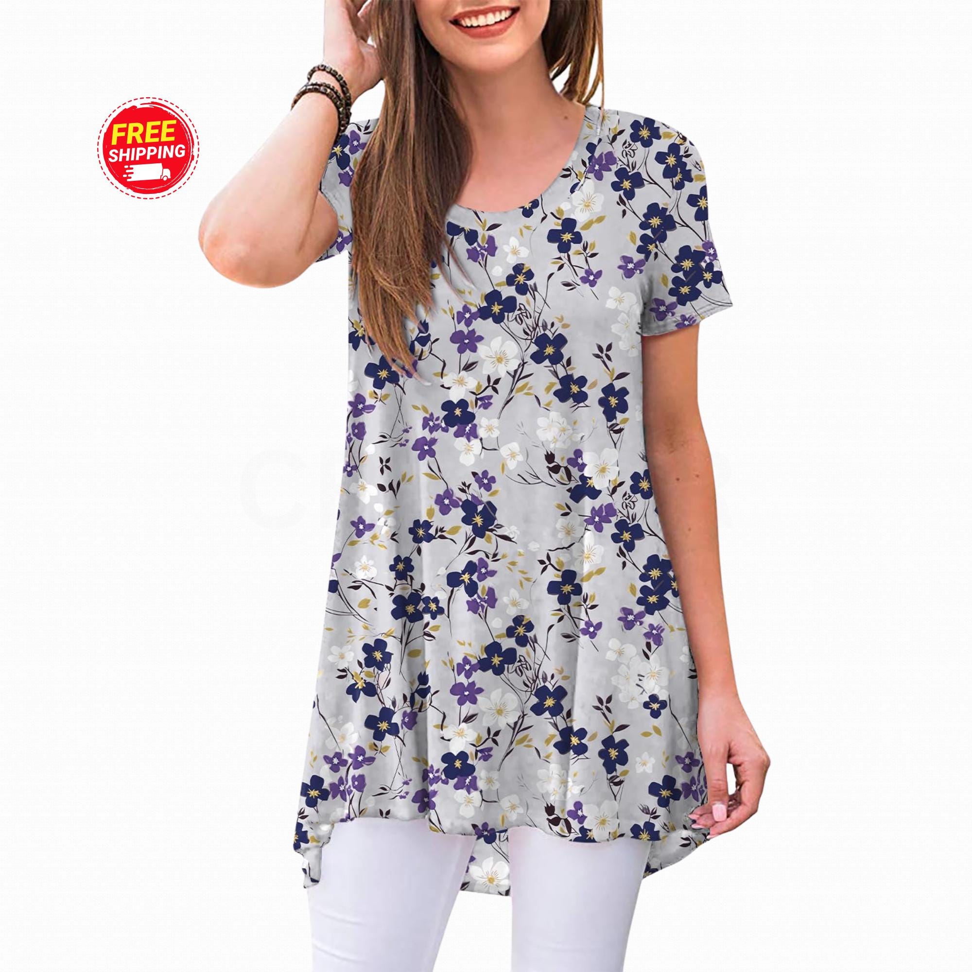 Summer Tunic Blouse Loose Short Sleeve Leggings Casual Dressy Womens ...