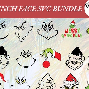 Könnte beinhalten: Ein Set mit 15 Grinch-Gesichts-SVG-Designs, darunter verschiedene Ausdrücke, eine Grinch-Hand, die einen Ornament hält, und eine Textgrafik "Merry Grinchmas". Die Designs sind schwarzweiß, einige mit roten und grünen Akzenten.
