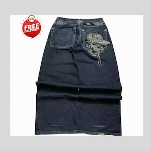 Retro Baggy Jeans,Y2K Denim Pants,Hip Hop Outfit,Wide Street Pants,Harajuku Denim,Gothic Baggy Fit,Cool Retro Look,Unisex Streetwear,Trendy Blue Jeans,Loose Denim Fit,Urban Baggy Jeans,Casual Y2K Style,Embroidered Pants