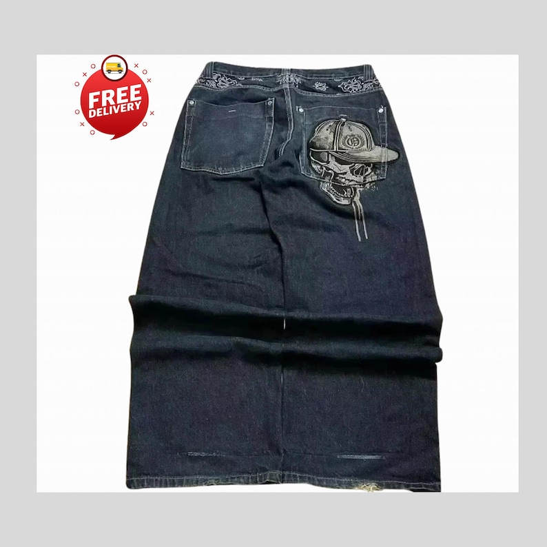 Retro Baggy Jeans,Y2K Denim Pants,Hip Hop Outfit,Wide Street Pants,Harajuku Denim,Gothic Baggy Fit,Cool Retro Look,Unisex Streetwear,Trendy Blue Jeans,Loose Denim Fit,Urban Baggy Jeans,Casual Y2K Style,Embroidered Pants