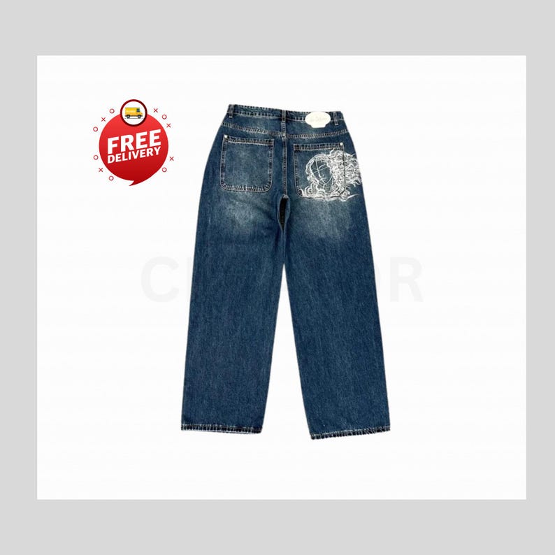 Retro Baggy Jeans,Y2K Denim Pants,Hip Hop Outfit,Wide Street Pants,Harajuku Denim,Gothic Baggy Fit,Cool Retro Look,Unisex Streetwear,Trendy Blue Jeans,Loose Denim Fit,Urban Baggy Jeans,Casual Y2K Style,Embroidered Pants