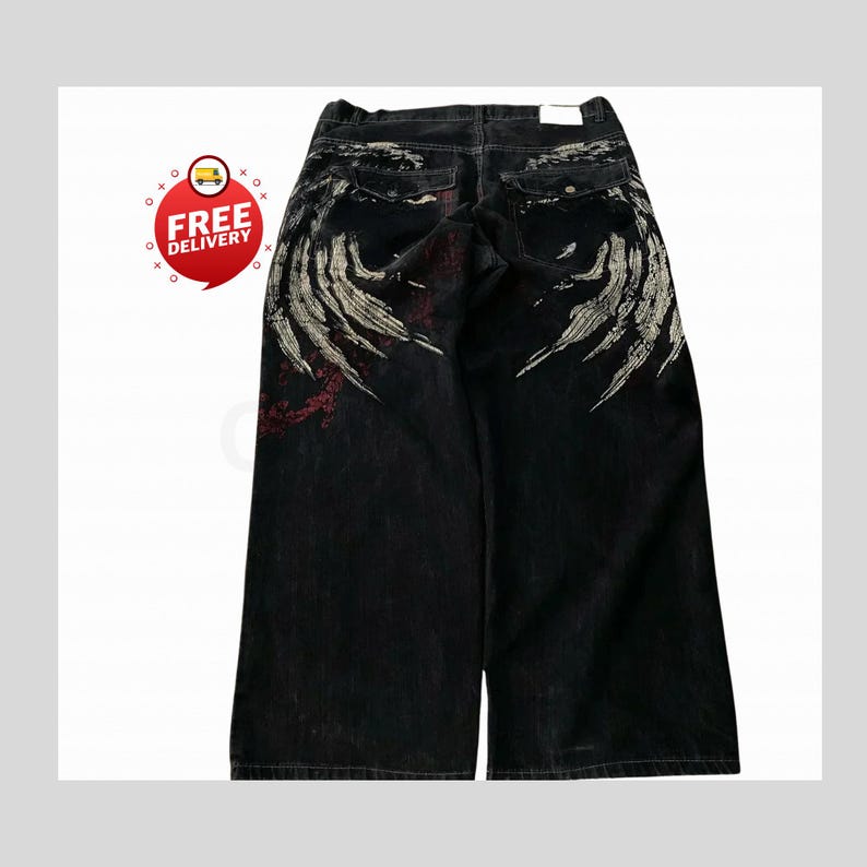 Retro Baggy Jeans,Y2K Denim Pants,Hip Hop Outfit,Wide Street Pants,Harajuku Denim,Gothic Baggy Fit,Cool Retro Look,Unisex Streetwear,Trendy Blue Jeans,Loose Denim Fit,Urban Baggy Jeans,Casual Y2K Style,Embroidered Pants