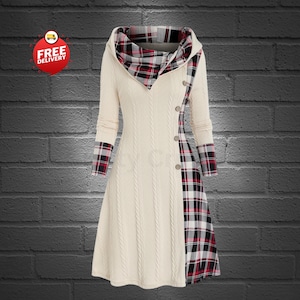 Knitted Hooded Plaid Dress: A-Line High Waist, Long Sleeve