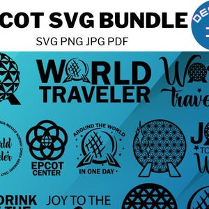 May include: A digital download bundle of 10 SVG files featuring various designs inspired by Epcot, a theme park at Walt Disney World. The designs include the Epcot logo, the World Showcase, and the iconic Spaceship Earth.