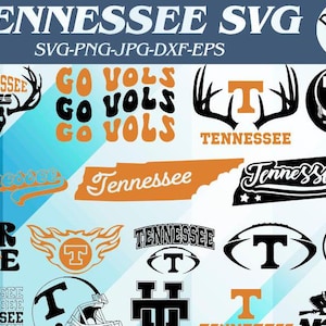 Op de afbeelding: Een verzameling Tennessee-thema SVG-ontwerpen in oranje, wit en zwart. Bevat logo's met de letter "T", de woorden "Tennessee" en "Go Vols", en andere afbeeldingen. Geschikt voor diverse knutselprojecten.