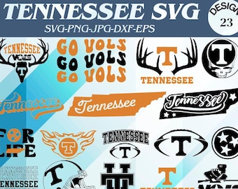 May include: A collection of Tennessee-themed SVG designs in orange, white, and black. Includes logos with the letter "T", the words "Tennessee" and "Go Vols", and other graphics. The designs are suitable for various crafting projects.