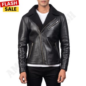Handmade Shearling Collar Black Leather Jacket - Sheepskin Alberto Style