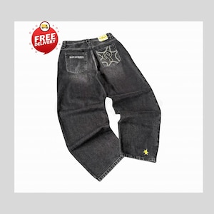 Retro Baggy Jeans,Y2K Denim Pants,Hip Hop Outfit,Wide Street Pants,Harajuku Denim,Gothic Baggy Fit,Cool Retro Look,Unisex Streetwear,Trendy Blue Jeans,Loose Denim Fit,Urban Baggy Jeans,Casual Y2K Style,Embroidered Pants