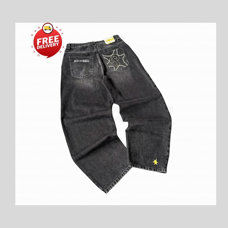 Retro Baggy Jeans,Y2K Denim Pants,Hip Hop Outfit,Wide Street Pants,Harajuku Denim,Gothic Baggy Fit,Cool Retro Look,Unisex Streetwear,Trendy Blue Jeans,Loose Denim Fit,Urban Baggy Jeans,Casual Y2K Style,Embroidered Pants