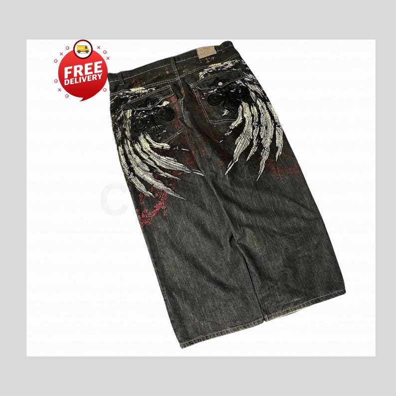Retro Baggy Jeans,Y2K Denim Pants,Hip Hop Outfit,Wide Street Pants,Harajuku Denim,Gothic Baggy Fit,Cool Retro Look,Unisex Streetwear,Trendy Blue Jeans,Loose Denim Fit,Urban Baggy Jeans,Casual Y2K Style,Embroidered Pants