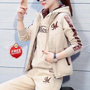 Trendy Women Tracksuit Drawstring Patchwork Color Casual Autumn Winter Hooded Loose Fit Two Piece Outfit