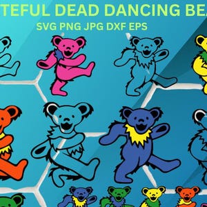 Peut inclure: Un ensemble de neuf illustrations de danseurs d'ours colorés. Les ours sont dans différentes poses, avec leurs bras et leurs jambes tendus. Les ours portent tous des vêtements et des accessoires de différentes couleurs. L'arrière-plan est un motif en nid d'abeille bleu et blanc.