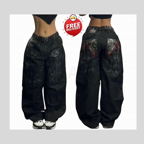 Embroidered Baggy Jeans: Y2K Retro Hip-hop Wide Leg Denim - Etsy