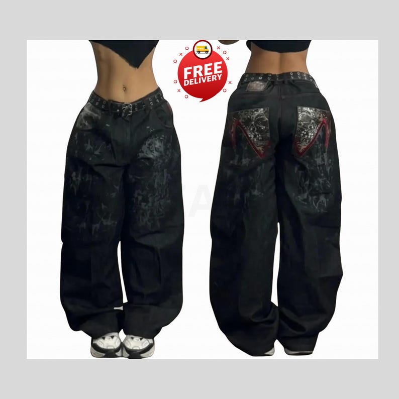 Retro Baggy Jeans,Y2K Denim Pants,Hip Hop Outfit,Wide Street Pants,Harajuku Denim,Gothic Baggy Fit,Cool Retro Look,Unisex Streetwear,Trendy Blue Jeans,Loose Denim Fit,Urban Baggy Jeans,Casual Y2K Style,Embroidered Pants