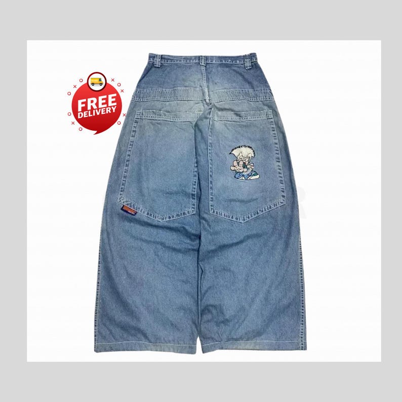 Retro Baggy Jeans,Y2K Denim Pants,Hip Hop Outfit,Wide Street Pants,Harajuku Denim,Gothic Baggy Fit,Cool Retro Look,Unisex Streetwear,Trendy Blue Jeans,Loose Denim Fit,Urban Baggy Jeans,Casual Y2K Style,Embroidered Pants