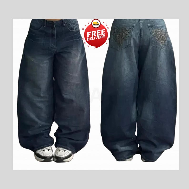 Retro Baggy Jeans,Y2K Denim Pants,Hip Hop Outfit,Wide Street Pants,Harajuku Denim,Gothic Baggy Fit,Cool Retro Look,Unisex Streetwear,Trendy Blue Jeans,Loose Denim Fit,Urban Baggy Jeans,Casual Y2K Style,Embroidered Pants