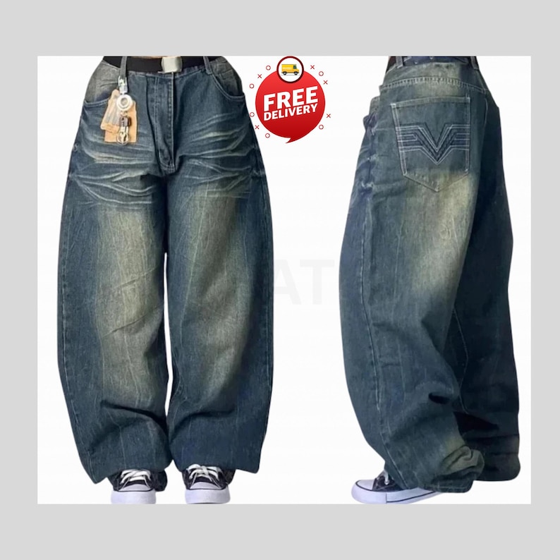 Retro Baggy Jeans,Y2K Denim Pants,Hip Hop Outfit,Wide Street Pants,Harajuku Denim,Gothic Baggy Fit,Cool Retro Look,Unisex Streetwear,Trendy Blue Jeans,Loose Denim Fit,Urban Baggy Jeans,Casual Y2K Style,Embroidered Pants