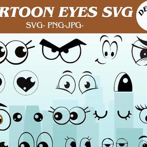 May include: A set of 18 black and white cartoon eyes in various styles, including winking, surprised, angry, and heart-shaped. The eyes are on a light blue background with the text "CARTOON EYES SVG DESIGN 18 SVG-PNG-JPG- ".