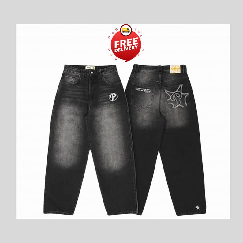 Broderade baggy jeans: Y2K retro hiphop-denim med vida ben bild 9