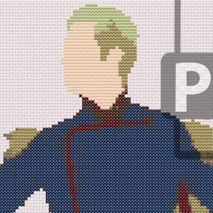 May include: A cross-stitch pattern of a person wearing a blue uniform with gold accents and a green and white hair.