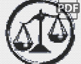 May include: Black and white cross-stitch pattern of a scale symbol inside a circle. The scale symbol is a stylized representation of a balance scale with two pans.