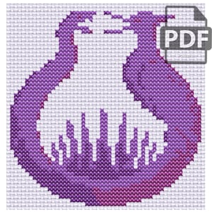 May include: A cross-stitch pattern featuring a purple, rounded, flask-shaped design with a white, dripping liquid effect inside. The design is set against a white grid background, with a small, semi-transparent PDF icon in the top right corner.