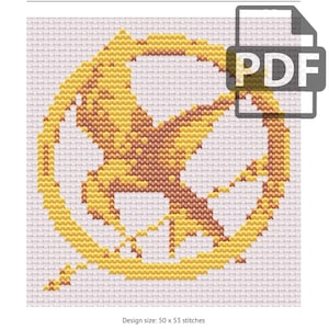 May include: Cross stitch pattern of the Mockingjay symbol from the Hunger Games. The symbol is a stylized bird with its wings spread, surrounded by a circle. The bird is yellow and orange, and the circle is yellow. The pattern is 50 stitches wide and 53 stitches high.