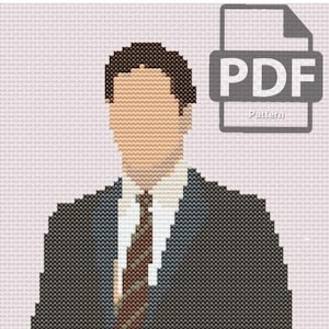 Könnte beinhalten: Ein Kreuzstichmuster einer Person in einem dunklen Anzug und einer Krawatte. Das Muster ist als PDF-Download verfügbar.
