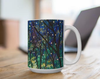 Grün Mondlicht 15 Unzen Becher Große Kaffeetasse für Naturliebhaber Frühlingsbäume Teetasse Mond Glühwürmchen Bäume Keramiktasse Geschenk für Gärtner Küche