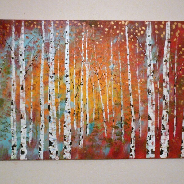 Large original oil painting  impasto modern contemporary Copper orange  gold and blue Birch Trees  Vadal - 36'