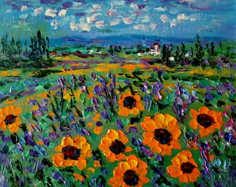 Sunflower and Lavender Field Art Print: Yellow Green Wall Decor