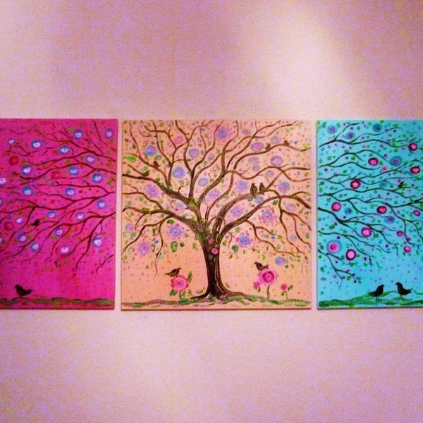 HOLD for Kristen-X-large  original painting-Modern contemporary  folk Art tree birds flowers -72 x 24  ' Vadal free ship in US