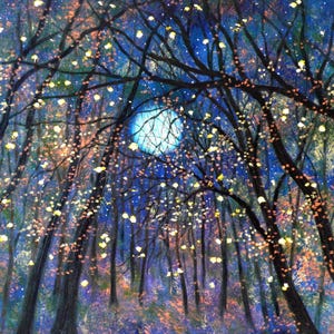 night moon print copper forest night sky wall art woodland forest firefly print night moon tree forest canvas wall art blue moonlight print
