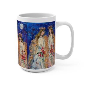 Engel-Trio 15 Unzen Becher drei Engel im blauen Mondschein mit roten Blumensträußen Schutzengel Geschenk gelassene Kaffeetasse himmlische Teebecher engelhaft Bild 3