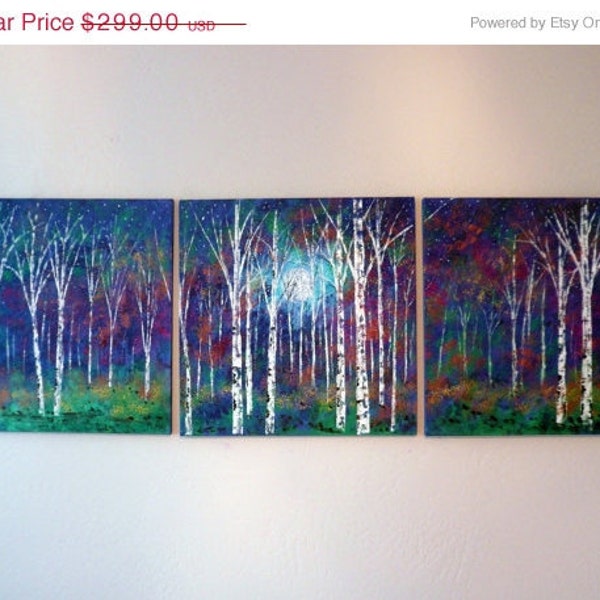 Christmas Sale Xmas Sale was 399- Large original painting-Modern Blue Moon birch trees copper and green-gold  72'  Vadal free ship