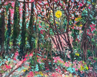 New !  Now offering canvas prints of this beauty-  calling -Moms garden -landscape, pink , red flowers, painting, landscape painting