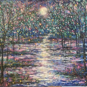 Large Original Oil Painting Impressionist Landscape moon Scene Wall Art Living Room Decor Nature Artwork Tree Water Reflection Canvas art