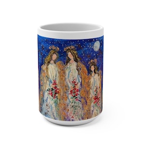 Engel-Trio 15 Unzen Becher drei Engel im blauen Mondschein mit roten Blumensträußen Schutzengel Geschenk gelassene Kaffeetasse himmlische Teebecher engelhaft Bild 2