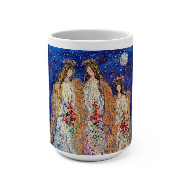Engel-Trio 15 Unzen Becher drei Engel im blauen Mondschein mit roten Blumensträußen Schutzengel Geschenk gelassene Kaffeetasse himmlische Teebecher engelhaft Bild 2
