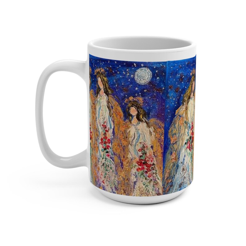 Engel-Trio 15 Unzen Becher drei Engel im blauen Mondschein mit roten Blumensträußen Schutzengel Geschenk gelassene Kaffeetasse himmlische Teebecher engelhaft Bild 4
