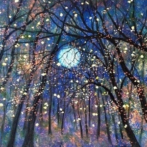 Giclée Canvas Print , Print Art, Large Landscape, Abstract Painting, Copper moon  and Fireflies  -