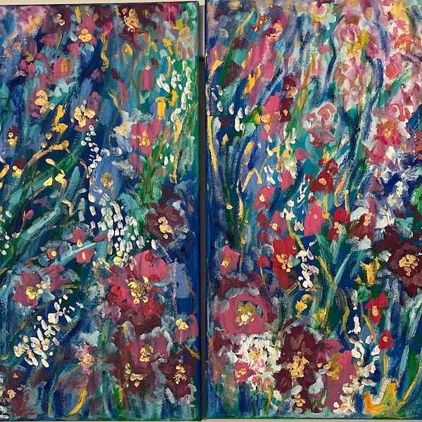 original acrylic and oil abstract painting -2- 16 x 20 s - deep blue , red and white floral with gold accents