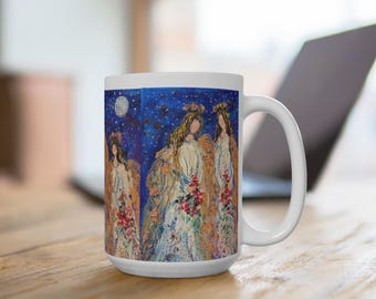 Engel-Trio 15 Unzen Becher drei Engel im blauen Mondschein mit roten Blumensträußen Schutzengel Geschenk gelassene Kaffeetasse himmlische Teebecher engelhaft