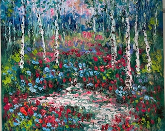 original landscape oil  painting , red , oil-painting poppies stream and birches -12 x 12 x1