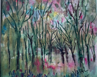 NEW -original  watercolor and ink painting, abstract impressionism. Pinks, greens with touches of blue and pops of red . Black ink trees .