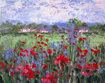 Canvas Giclee Print -   Red Poppies and Lavender Houses -   20 x 16