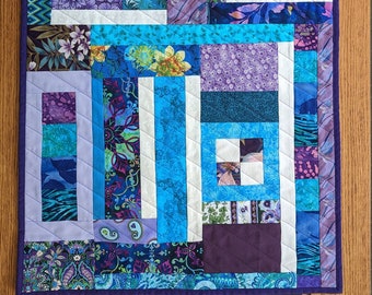 Modern Art Quilted Wall Hanging, Purple Aqua Textile Art Decor